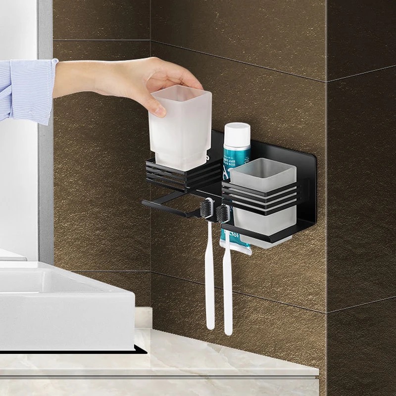 Black or silver double fence stainless steel metalic toothbrush holder