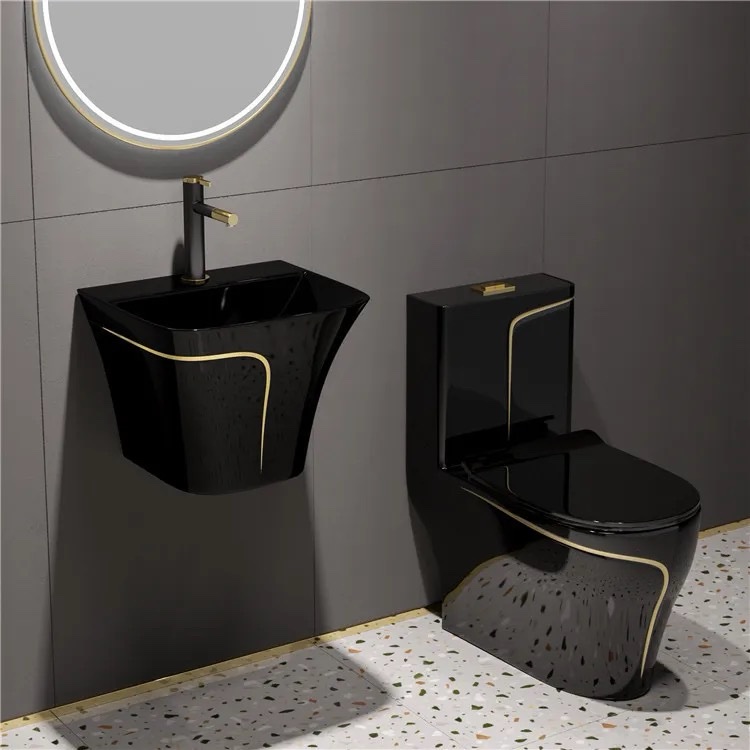 Luxury WC black with golden strip one piece toilet with wall hung basin