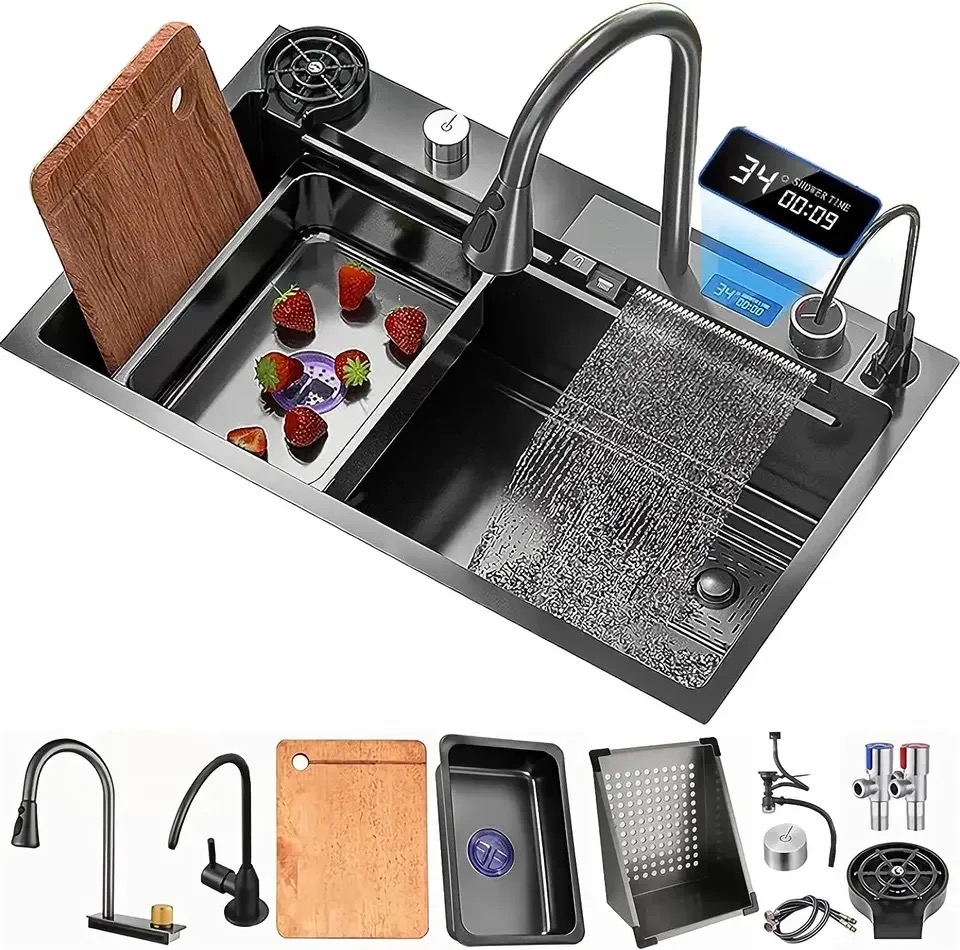 Stainless steel waterfall kitchen sink with dishwashing and faucet